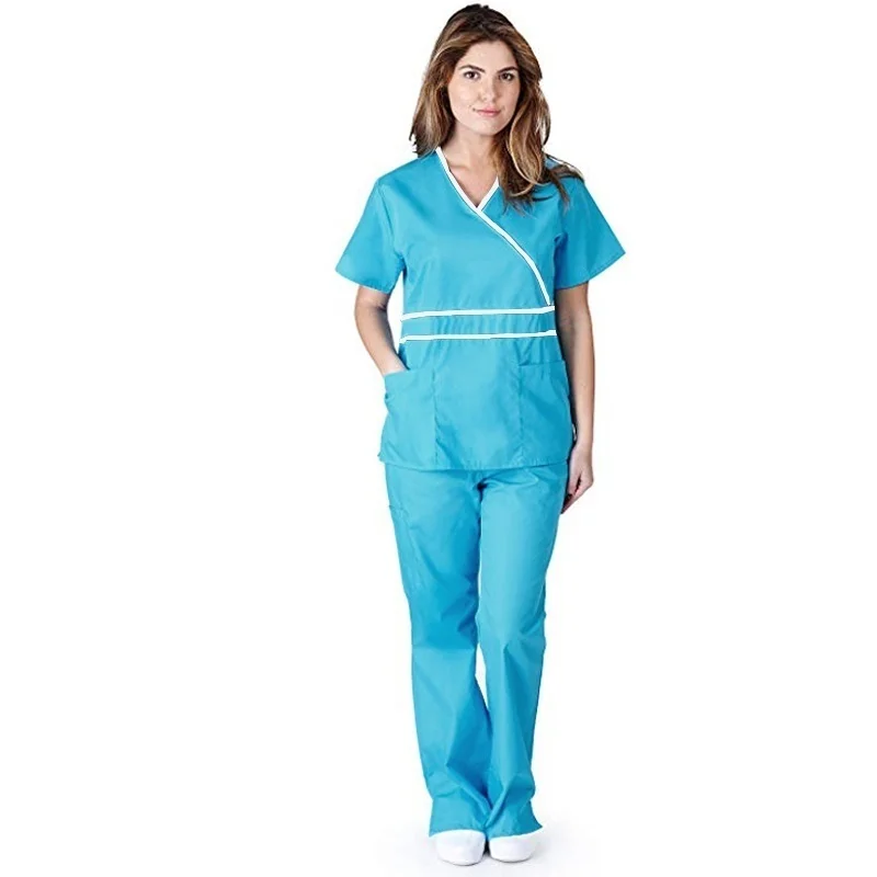 Women's Fashion Scrub Set Mock Wrap Top with Back Tie + Elastic Waistline Pants