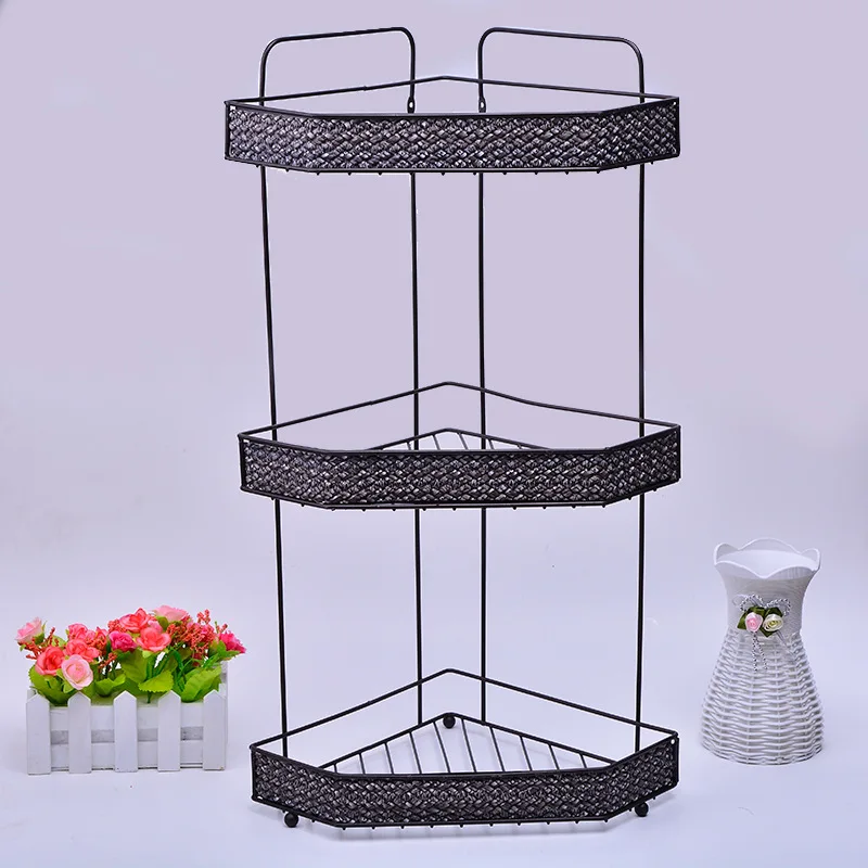 

Taobao Hot Selling European Style Trending Three Layer Weaving Hollow out Angle Frame Bathroom Rack Iron Bathroom Storage Angle