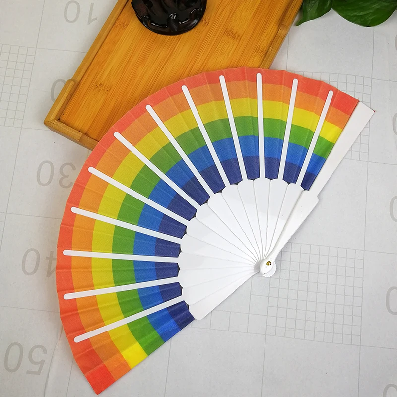 Plastic Ribs Oriental Style Rainbow Silk Fabric Pocket Hand Fans Summer Party Favor Promotion Gifts