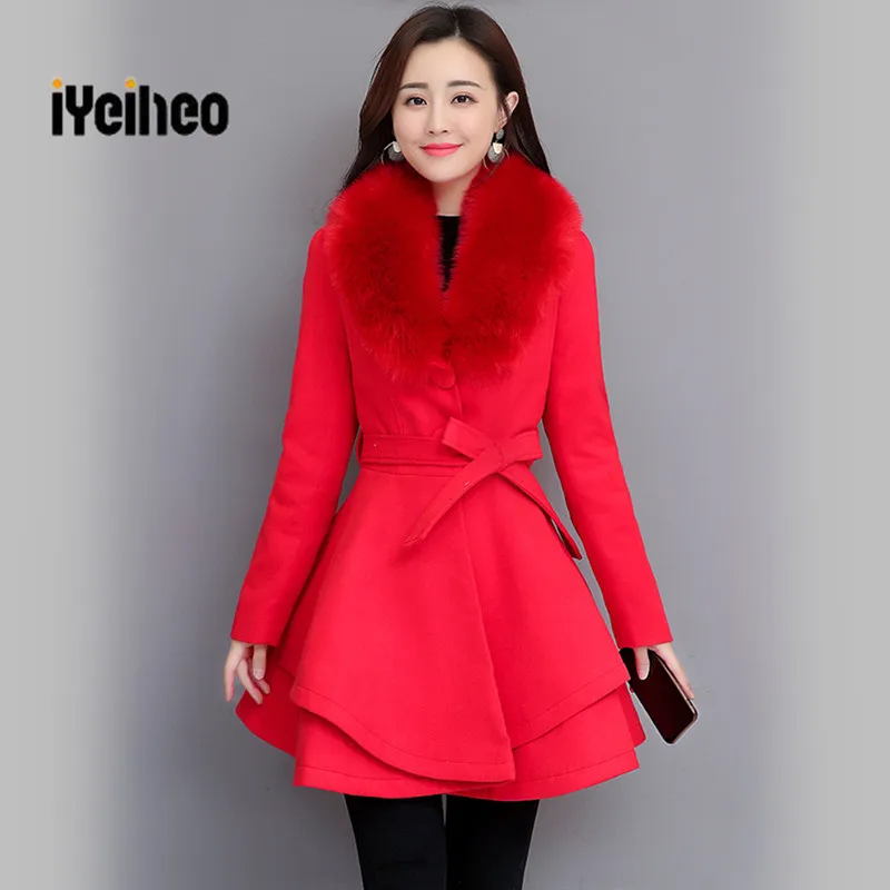 

Youth Women Wool Coat Autumn Winter 2019 New Fashion Big Fur Collar Thick Warm Woolen Jacket Ruffles Adjustable Sashes Overcoat