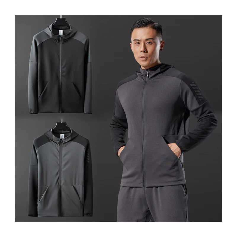 

Mens Hooded Running Jacket Basketball Soccer Sportswear Training Shirts Patchwork Reflective Stripe Man Gym Coat