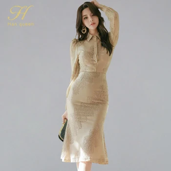 

H Han Queen Skirt Suit Women Sexy Work Wear 2 Pieces Set Hollow out Lace Blouses & High Waist Mermaid Skirt 2020 Spring Summer
