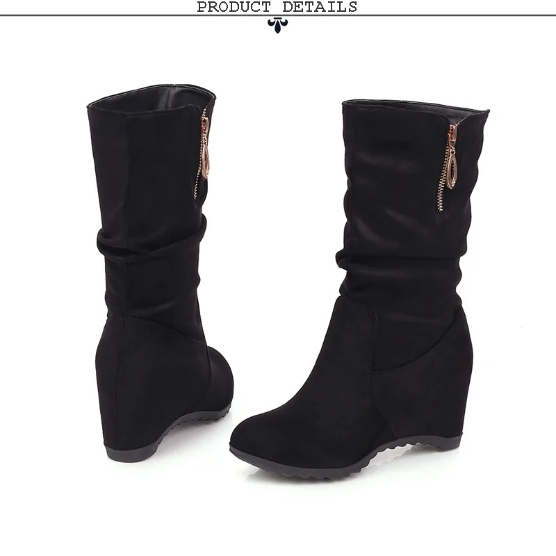 EGONERY winter new concise mid calf boots outside casual high heels round toe flock zipper women shoes drop shipping size 33-44