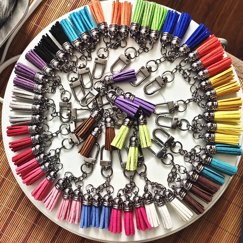 

Customized Products: Black Chain Suede Tassel Key Chain 3 Tassel Mini Leather Key Ring Women Bag Charming Pendant Car Key Holder