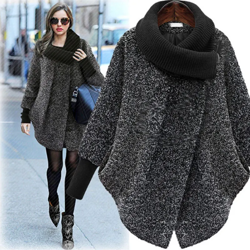 Плюс размер с рукавами «летучая мышь» шерстяное пальто шарф воротник куртки женская зимняя модная верхняя одежда толстое Свободное пальто на молнии повседневное