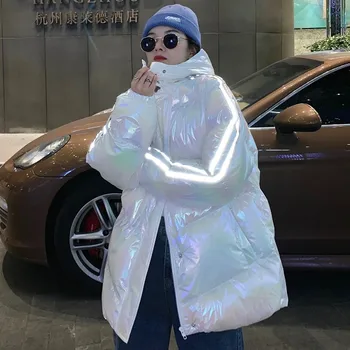 

Bright surface Parkas Fashion Glossy winter jacket women Casual Loose Hooded Coat Female Fashion side Striped Thick Parka Mw964
