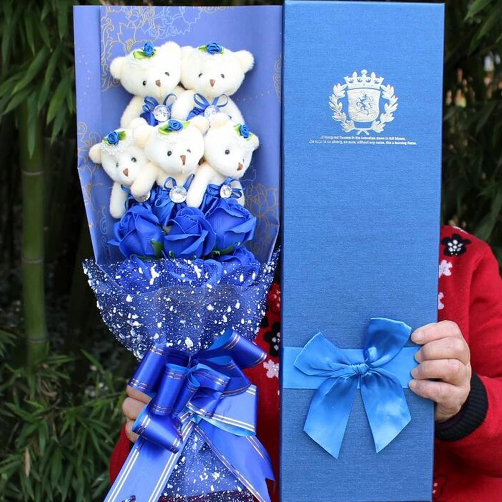 

Handicrafts Plush bear blue simulation flower cartoon plush plastic bouquet Valentine's Day birthday Gifts beautiful flower