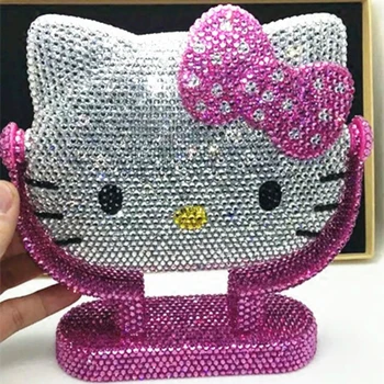 

Cartoon Vanity Mirror Diamond Helloo Kitty Decorative Mirrors Handmade Rhinestones Car Decor Hello Kitty Makeup Room Mirror