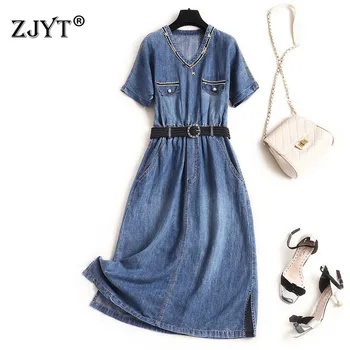 

New Summer Style Fashion Woman Dress 2020 Elegant Designer V Neck Beading Solid Blue Casual Denim Dress with Belt