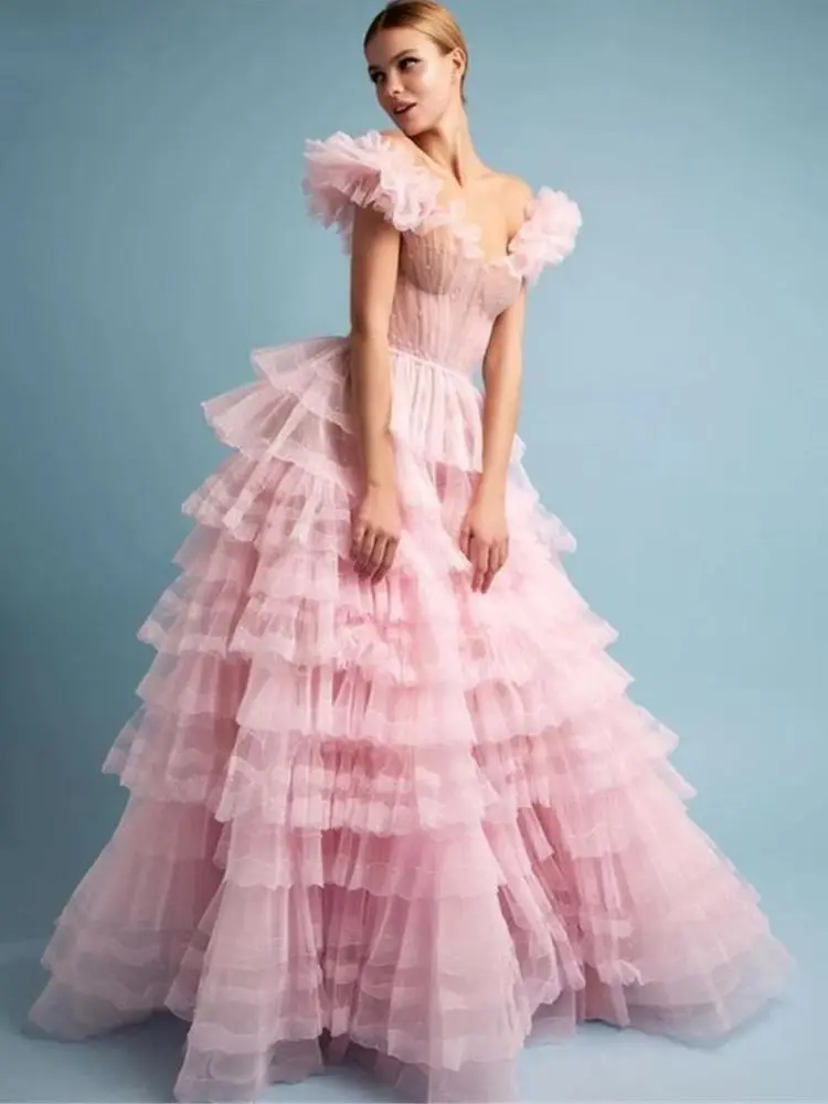 Sweet Pink Tulle Tiered Long Evening Dresses Off Shoulder Sweetheart Sleeveless Vestidos de festa Formal Gowns Prom Party Dress evening gowns with sleeves