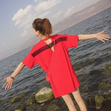 Плюс Размеры красные майки № 1997 с короткими рукавами задняя сторона кружева выдалбливают футболка Летняя модная одежда в Корейском стиле, ins