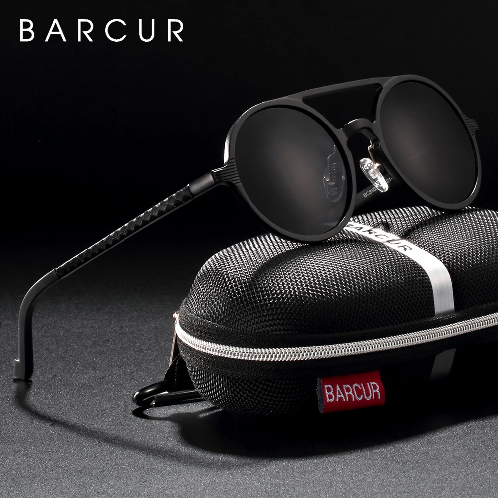 BARCUR Vintage Aluminum Magnesium Sun glass Men Polarized Sunglasses Round Steampunk Shades Brand Designer Eyewear photo