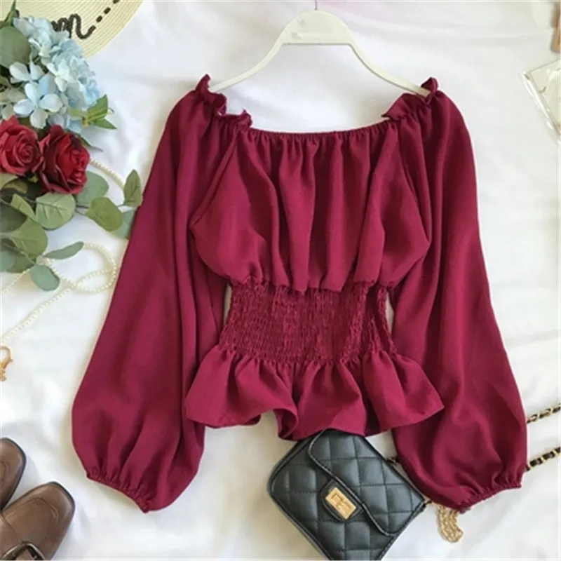 2020 Autumn Chiffon White Blouse Shirt Off Shoulder Crop Top Long Sleeve Blouses Ruffles Solid Sexy Blusa Mujer Black Tops 4