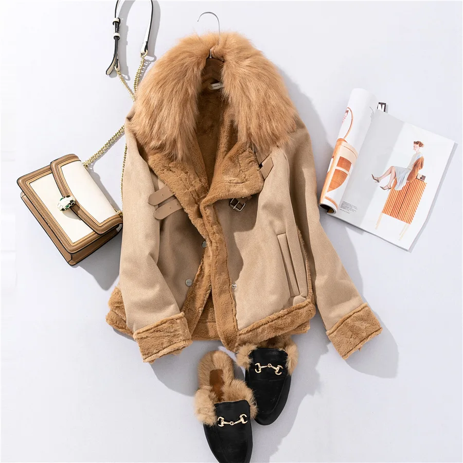 Женские замшевые куртки с воротником из искусственного меха, однобортный толстый теплый осенне-зимний женский пиджак, женская верхняя одежда, базовое пальто - Цвет: Хаки