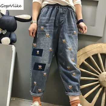 

Vintage Woman Embroidery Jeans 2020 Spring Autumn Elastic Waist Casual Streetwear Female Denim Pants Jean Plus Size SA689S30