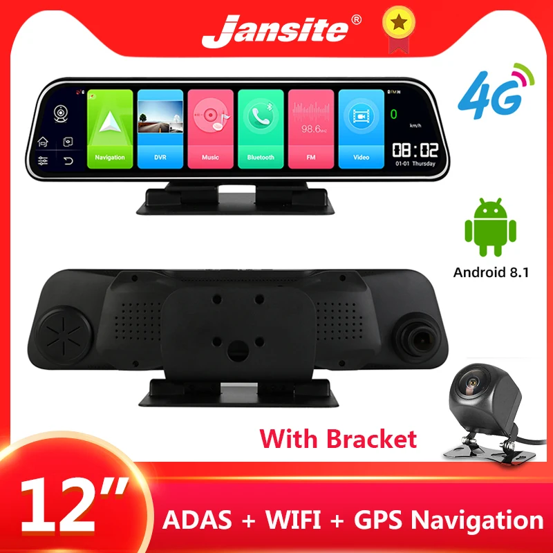 

Jansite 12" 4G Touch Screen Car DVR Android 8.1 GPS Navigation ADAS Dash cam Recorders Rearview mirror With Bracket Rear cameras
