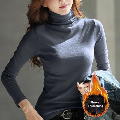 Denim Blue Осень-зима, Новая женская футболка с высоким воротником, Женская Облегающая водолазка, Женский флисовый Топ, тонкая, дикая, однотонная, удобная, теплая - Цвет: Denim Blue