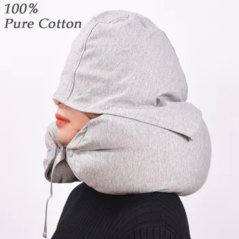 

100% Pure Cotton Travel Pillow High Quality Neck Waist Support Memory Foam Pillow with Soft Hooded Airplane Pillow for Travel