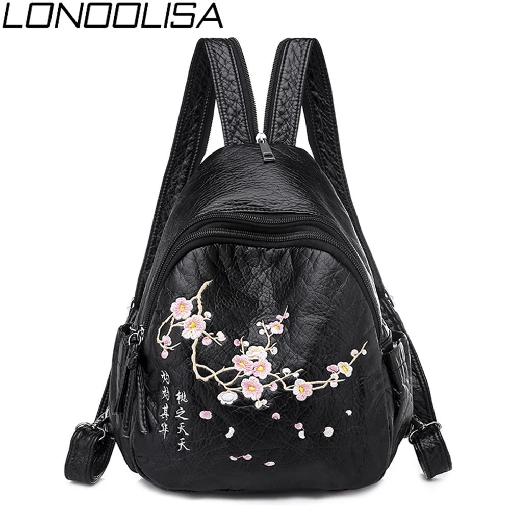 

3 in 1 Chinese Style Embroidery Women Small Backpack Light Chest bag For Ladies High Quality Washed leather Bag Mochila Femme