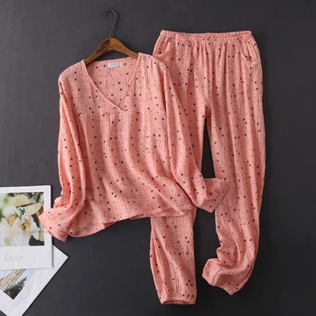 

Women's pajamas cotton washed texture crepe gauze long sleeve pants pajamas casual comfortable home wear set JJF0083
