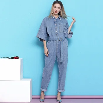 

Free Shipping 2019 New Safari Style Half Sleeve Women Denim Jumpsuit And Rompers S-XL Autumn Trousers With Belt Single Breasted