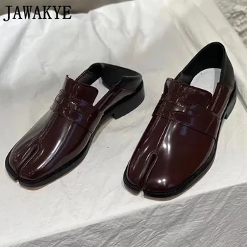 

Shiny black leather Split toe oxfords Women stylish designer lazy loafers casual shoes ladies white slip-on mules