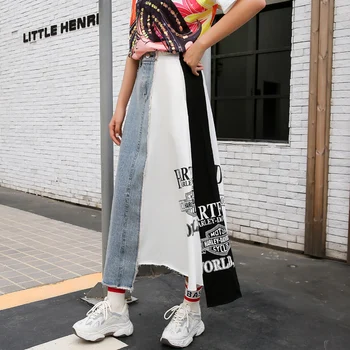

Large size tide brand design irregular letter printing spell denim mid-length skirt loose A-type temperament fashion skirt women