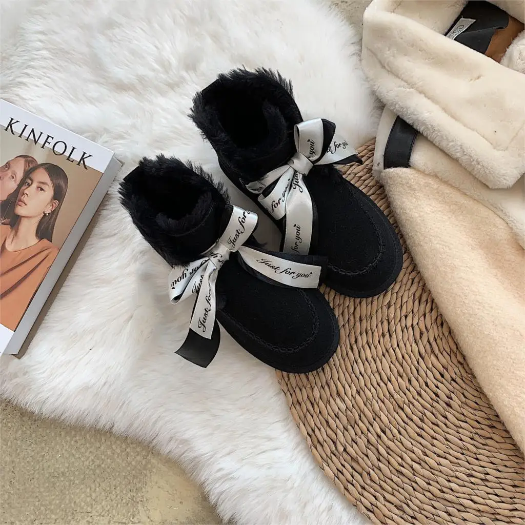 Женские снежные сапоги сладкие теплые зимние меховые ботильоны женские плюшевые замшевые сапоги на резиновой подошве с бантом