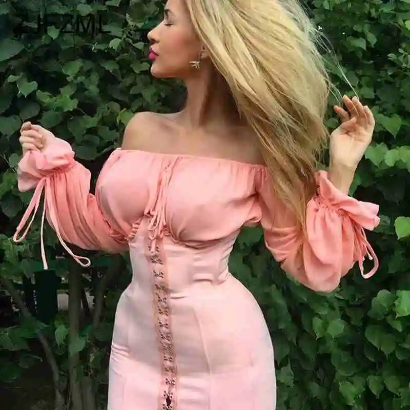 

Princess Sleeve Off Shoulder Sexy Pencil Dress Women Backless Single Breasted Lace Up Sweety Dress Feminino Pink Mini Dresses