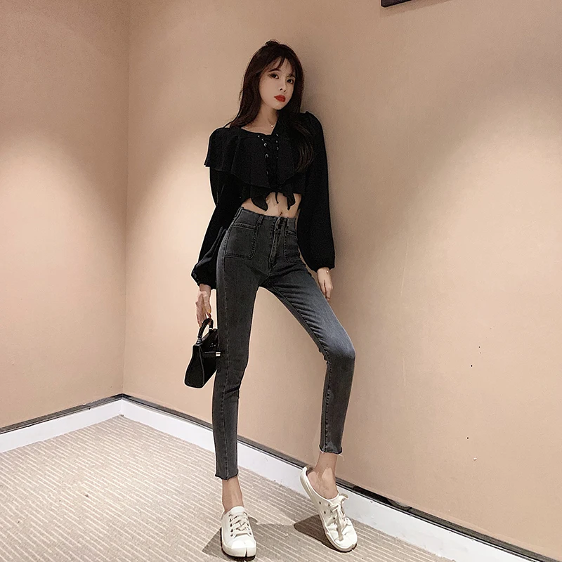Ins Корейская версия узких джинсов с высокой талией женские узкие Стрейчевые узкие брюки