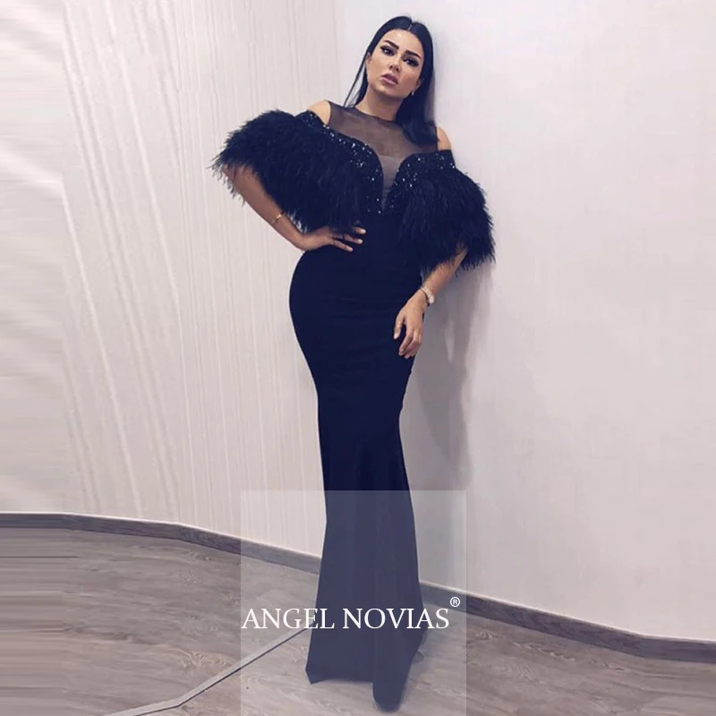 ANGEL NOVIAS длинное черное вечернее платье русалки 2020 с перьями Саудовская Аравия
