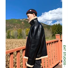 Зимняя новинка, мужская теплая куртка с отворотом, короткий мех, овечья шерсть, мотоциклетная кожаная куртка, Мужская трендовая Толстая кожаная куртка, пальто