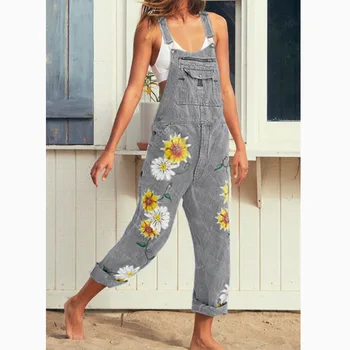 

Women Floral Printed Long Jeans Pants Female Denim Bib Jeans Washed Pockets Overalls Straight Trousers Jumpsuits Romper Overalls