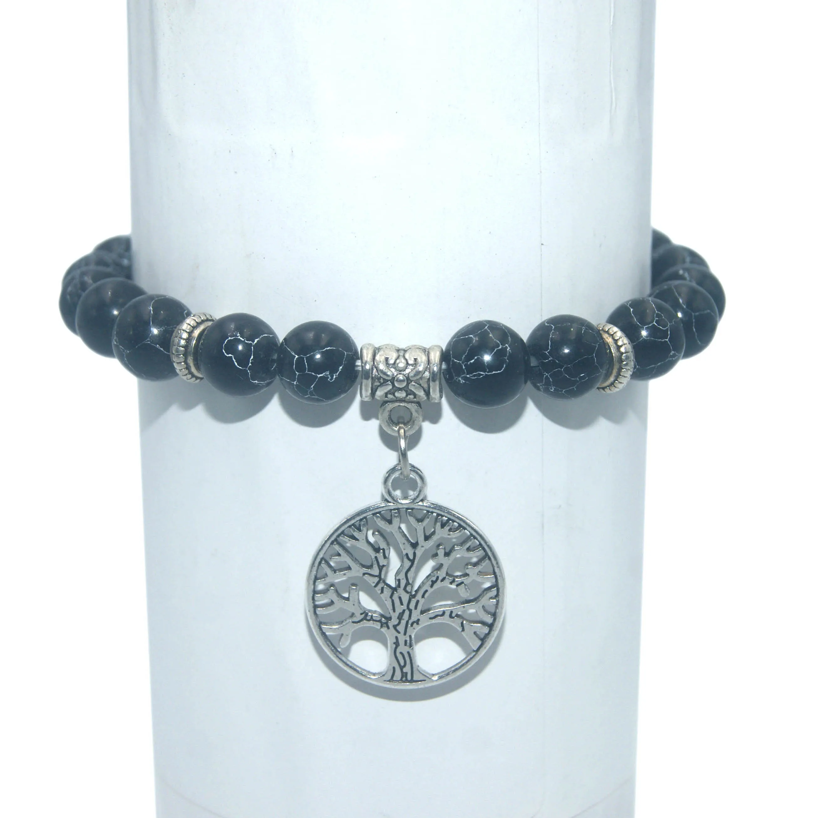 Black Turquoise Натуральный камень Дерево жизни бусины лазурит тигровый глаз Агаты Turquoises мужские браслеты из бусин браслеты для женщин мужчин Йога браслет - Окраска металла: Black Turquoise