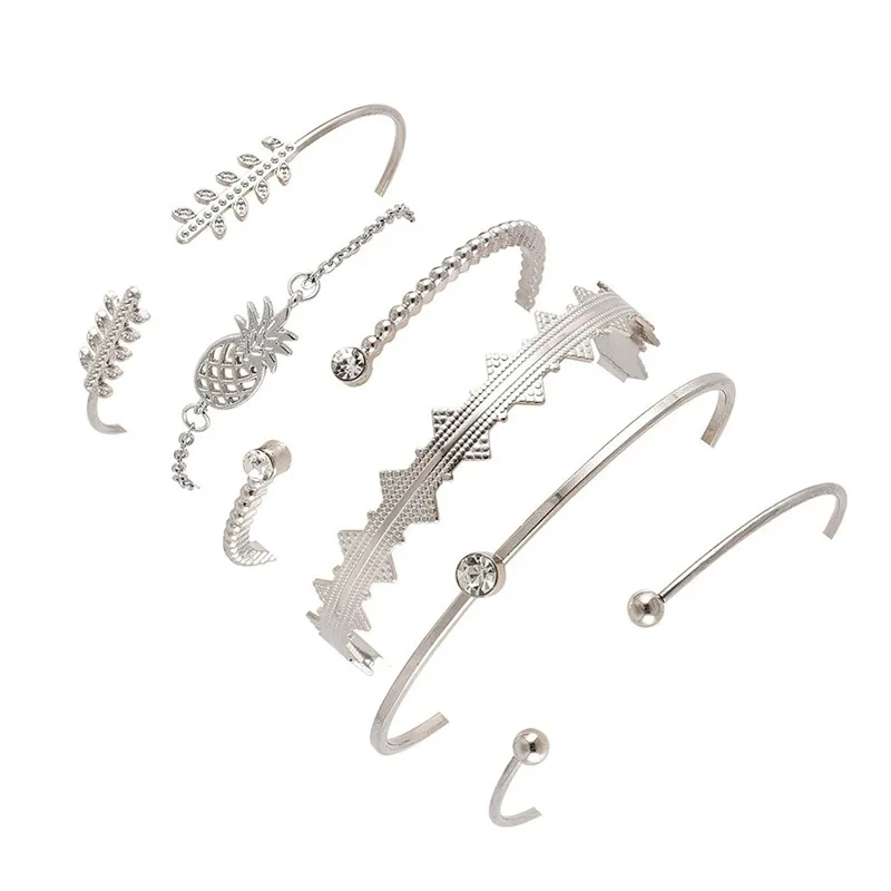 

ALYXUY 6 Pcs/set Vintage Silver Pineapple Leaves Round Crystal Geometry Open Bracelet Set Fashion Party Jewelry Gift Accessories
