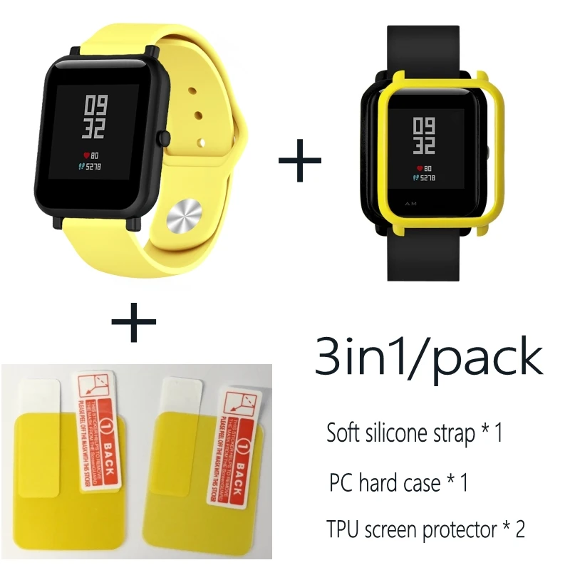 Мягкий силиконовый ремешок на запястье с полным защитным чехлом для Xiaomi Huami Amazfit Bip BIT 20 мм ремешок для часов Крышка для часов из смолы - Цвет: Yellow-yellow case