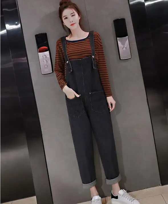 black overalls Осенние джинсовые комбинезоны для беременных; большие размеры; свободные джинсы с высокой талией; модные джинсовые брюки для беременных женщин с карманами - Color: black overalls