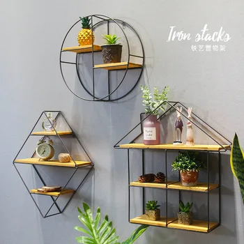 

Bedroom living room creative wooden wall iron shelf Solid wood flower rack non perforated wall decoration wall hanging shelves