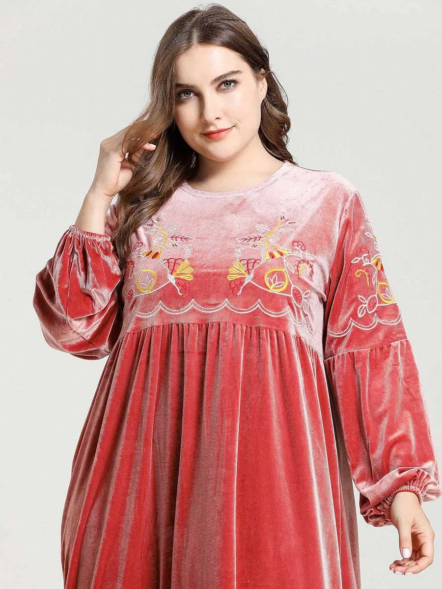 Арабское мусульманское платье размера плюс, с круглым вырезом, с вышивкой, с высокой талией, с длинным рукавом-фонариком, длинное платье, Абая, Дубай, кафтан, розовый, XXXL, 4XL