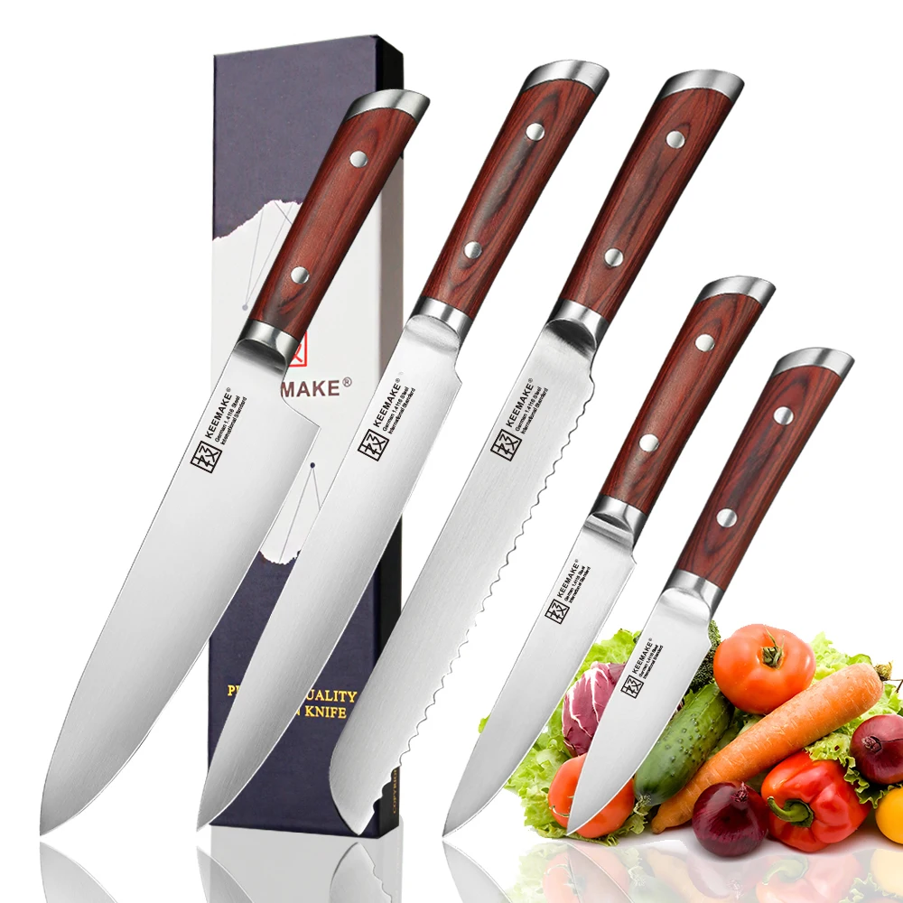 

KEEMAKE Chef Slicing Paring Utility Bread Knife German 1.4116 Steel Blade 5PCS Kitchen Knives Set Color Wood Handle Sharp Cutter