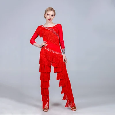Red Set Костюмы для латинских танцев, рубашка или брюки или комплект, женское платье для латинских танцев, сальса, стандартные танцевальные брюки, 5 вариантов, D0717, с кисточками, стразы - Цвет: Red Set