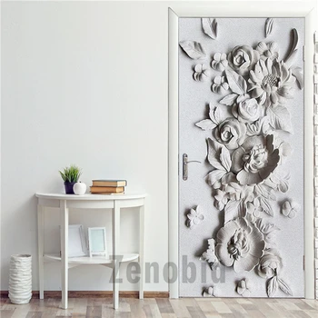 

Stone Carving Flowers 3D Door Sticker Modular Printing PVC Waterproof Mural Self Adhesive Decal Door Decoration Home Design