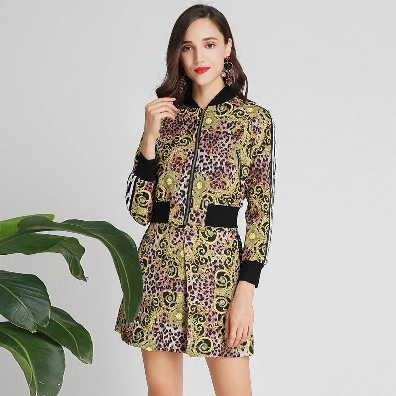

Red RoosaRosee Designer Women Autumn 2 Piece Set Sexy Leopard Print Short Coat Jacket Top + Mini Skirt Elegant Lady Vintage Suit