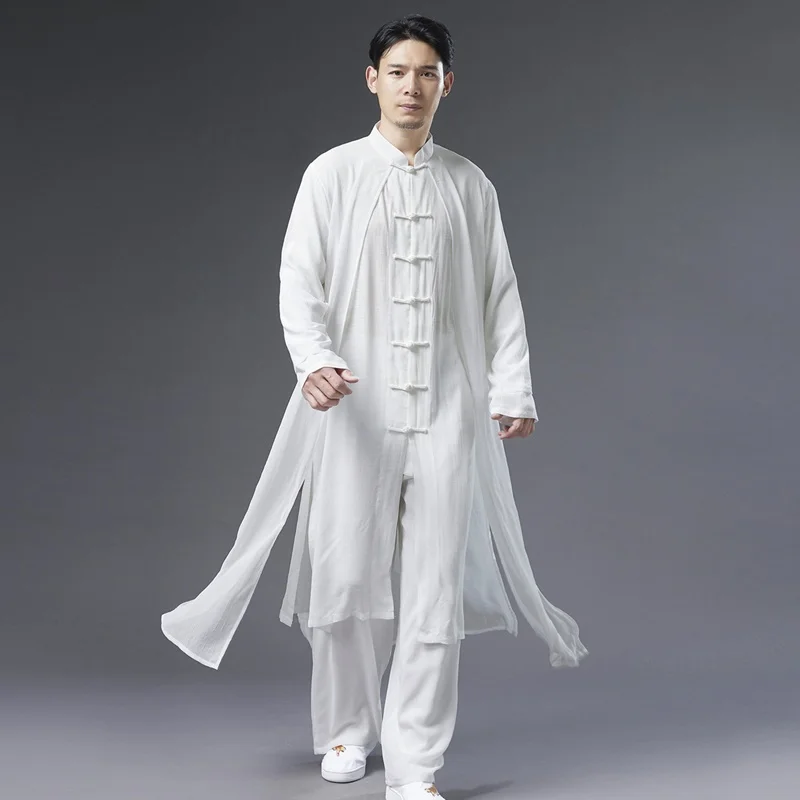 Рубашки в китайском стиле Hanfu, Мужская льняная шифоновая рубашка с длинным рукавом, повседневная мужская рубашка, халат, рубашки в стиле Kongfu, Ципао, мужские топы Q878