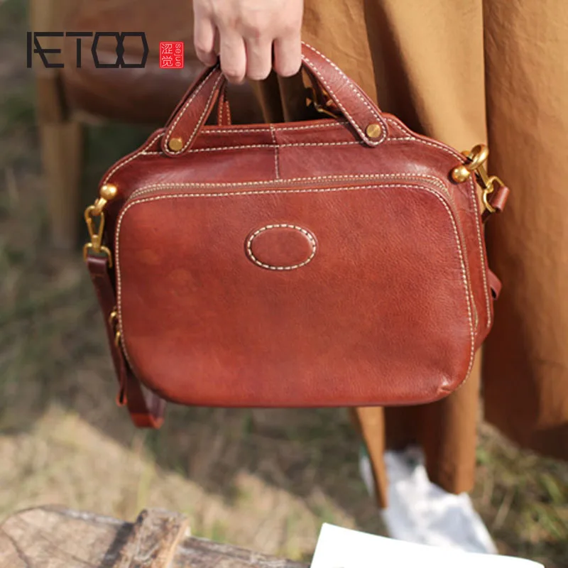 

EUMOAN Original ethnic style elegant ladies hand bag literary retro multi-layer briefcase first layer leather diagonal shoulder
