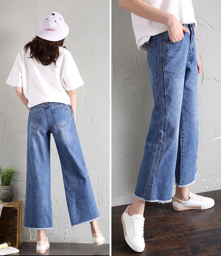 Women Wide Leg Loose Denim Blue Jeans Pant Female Long Trousers High Waist Chic Female Pants Mom Jeans Korean Style Stretch