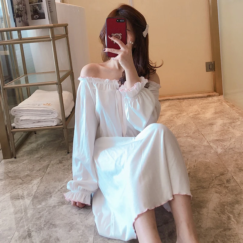 solid long nightgowns women elastic cotton long sleeve girls sleepwear sleep dress pyjamas casual cotton home dress - Цвет: color7