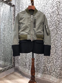 

2020 Early Autumn New Women's Hem Color Panel Zipper Decorations Long Sleeve Cropped Jacket 819