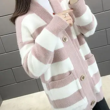 

Women 2020 Spring Autumn New Imitation Water Velvet Coat Female Casual Loose Striped Mink Sweater Coat New Ladies Cardigans G109