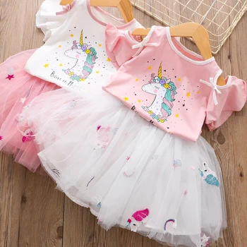 

2019 Fashion Unicorn Dress for Girls Children's Clothes Kids Lace Dresses Baby Girls Costume Summer Sleeveless Princess Dress